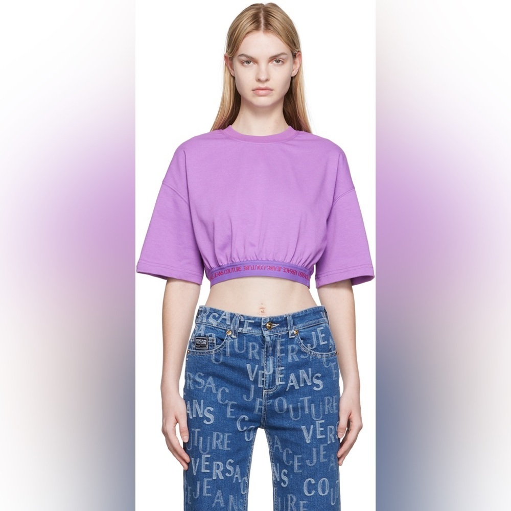 VERSACE JEANS COUTURE Purple Logo Crop Top Interlock Jersey NWT Size L SSENSE